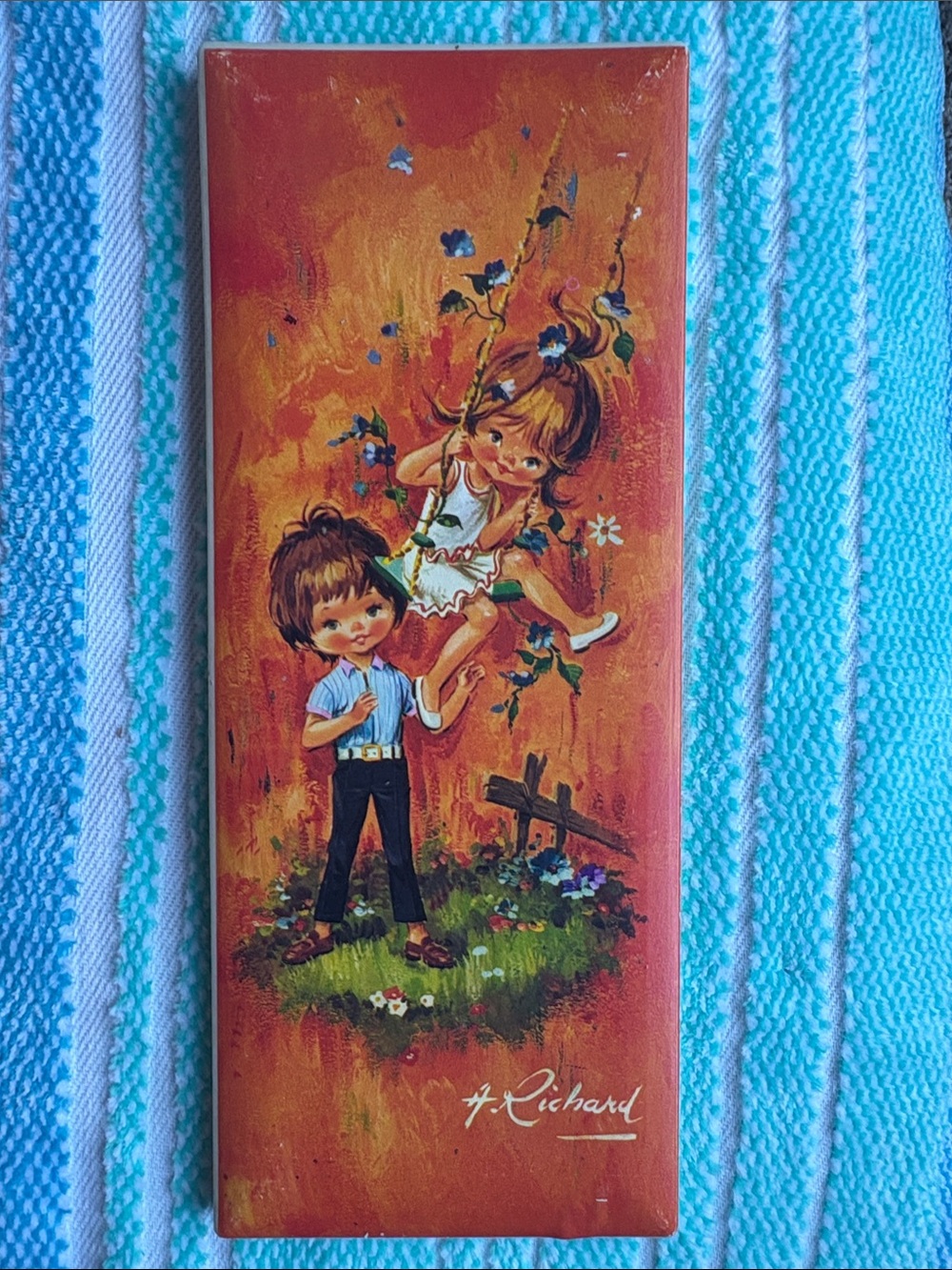 Vintage A Richard Big Eye Print Kids on Swing Kitsch MCM Plaque Art 1970s Retro